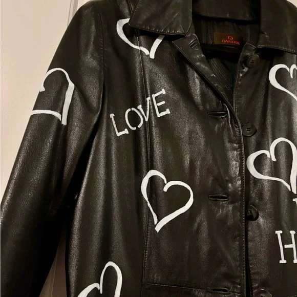 Danier Black Leather Jacket with White Heart Motifs - Picture 4 of 8